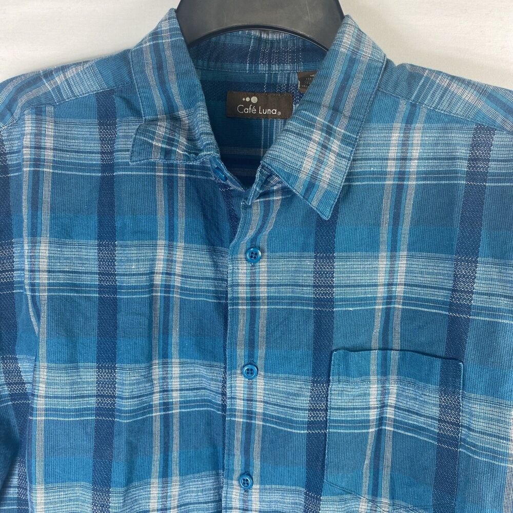 Cafe Luna Mens Shirt Button Down Size Large Blue Plaid Short Sleeve Casual